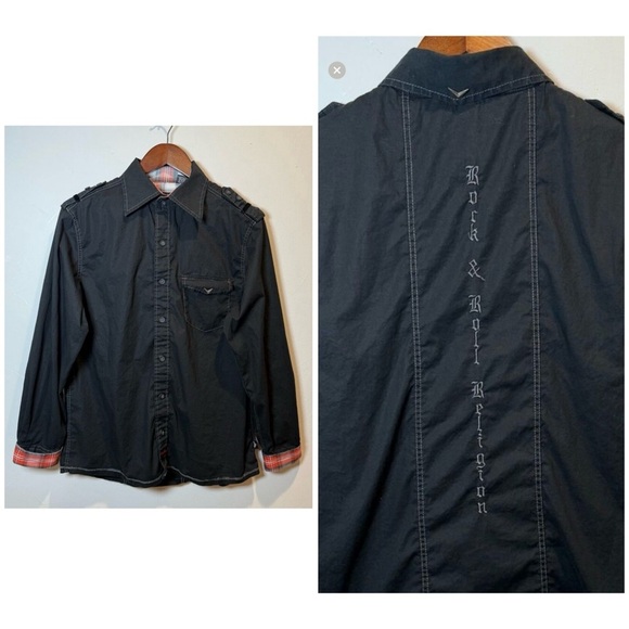 Fender Black Button Up Reversible Cuff Men's Shirt Medium Rock and Roll Religion - Picture 1 of 16